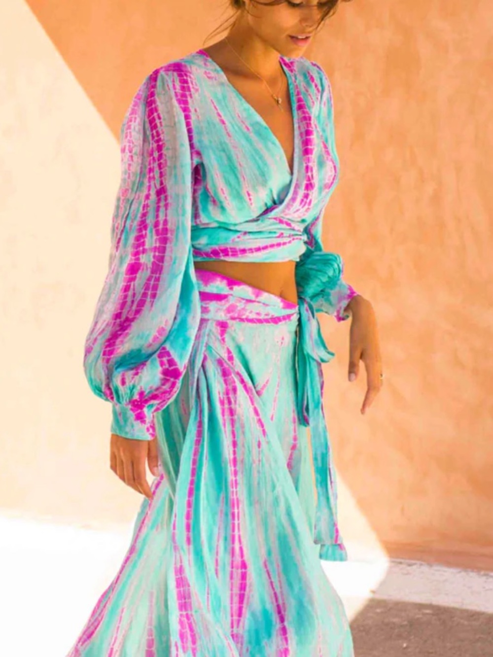 Tie-Front Long Sleeve Blouse in Teal & Magenta - Women Tops